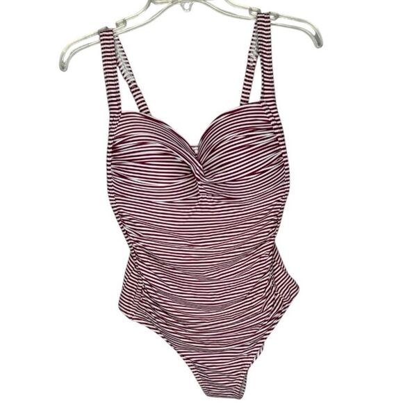 NipTuck Striped Cross-Front One-Piece Swimsuit In Burgundy/White. Size 10. - Picture 1 of 9